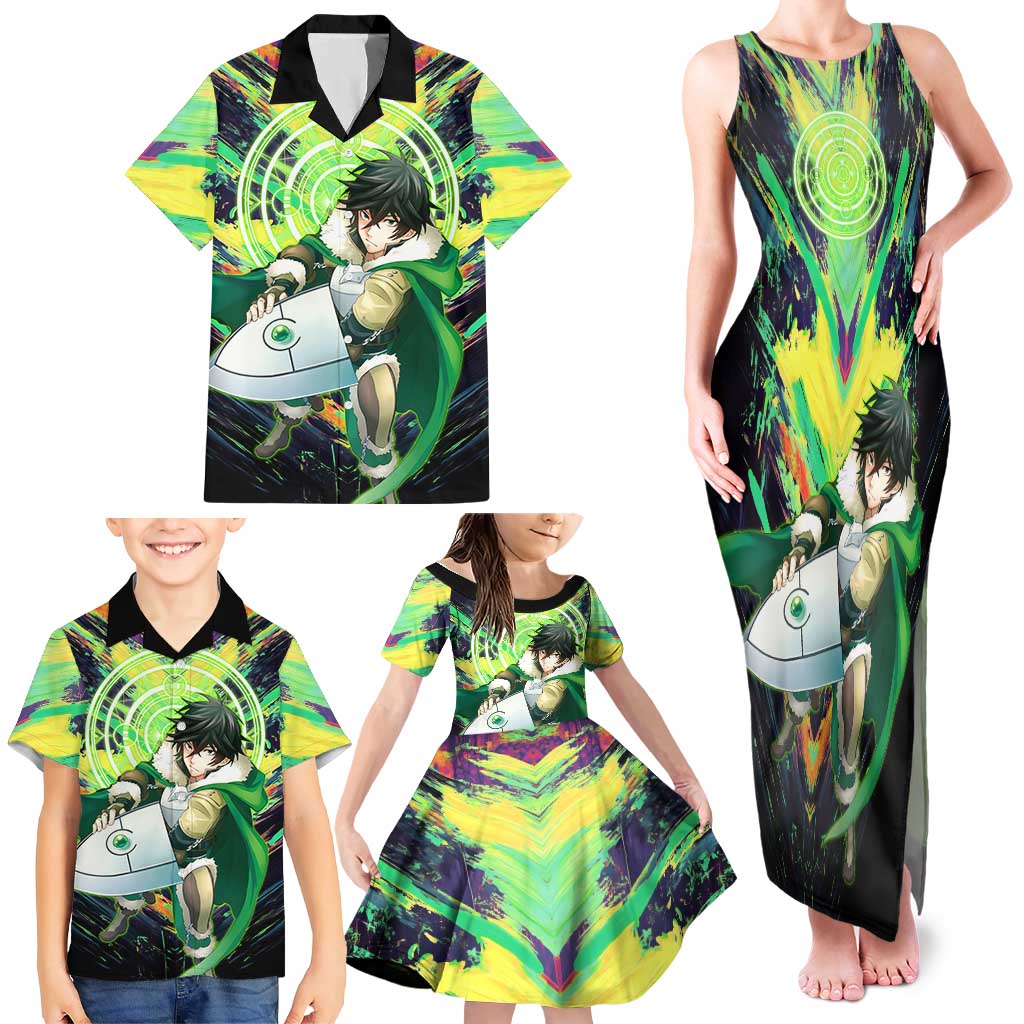 Naofumi The Rising of the Shield Hero Family Matching Tank Maxi Dress and Hawaiian Shirt with Dynamic Combat Pose and Energy Circles