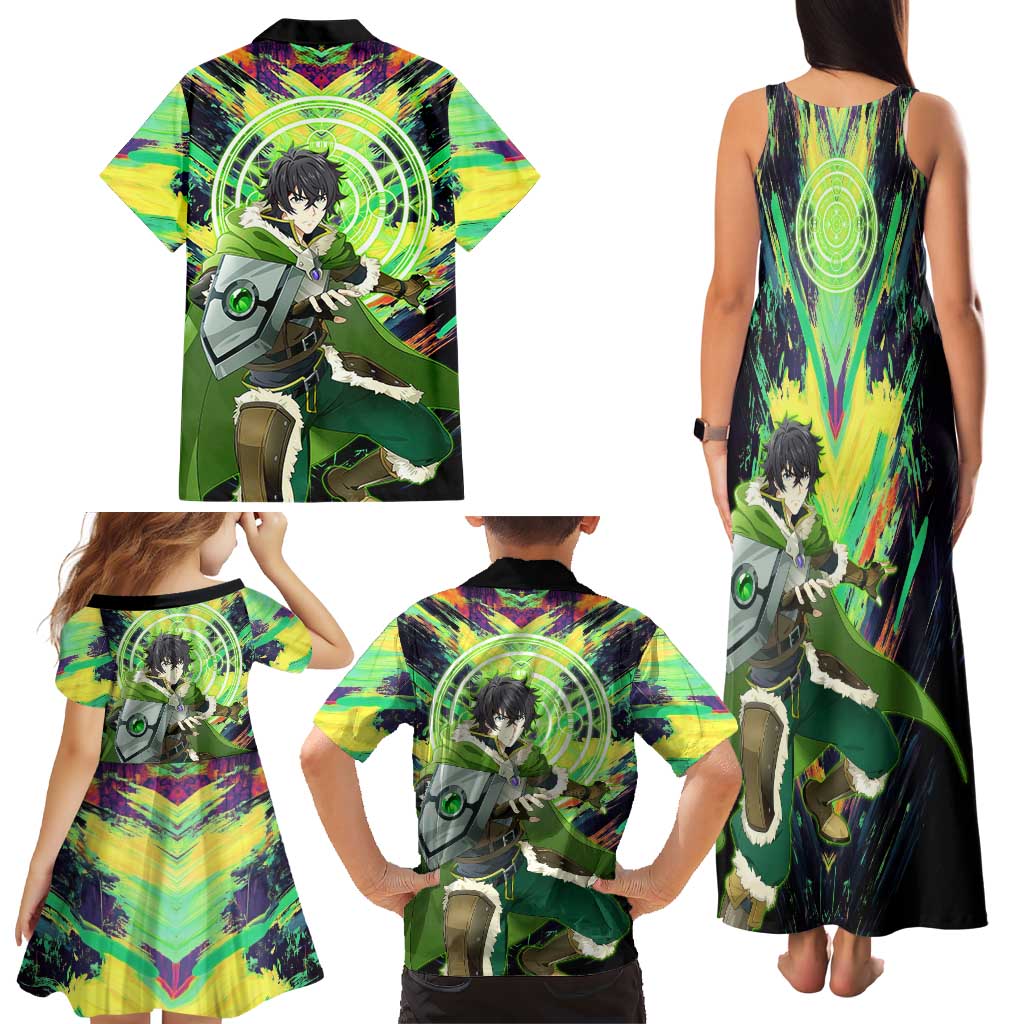 Naofumi The Rising of the Shield Hero Family Matching Tank Maxi Dress and Hawaiian Shirt with Dynamic Combat Pose and Energy Circles