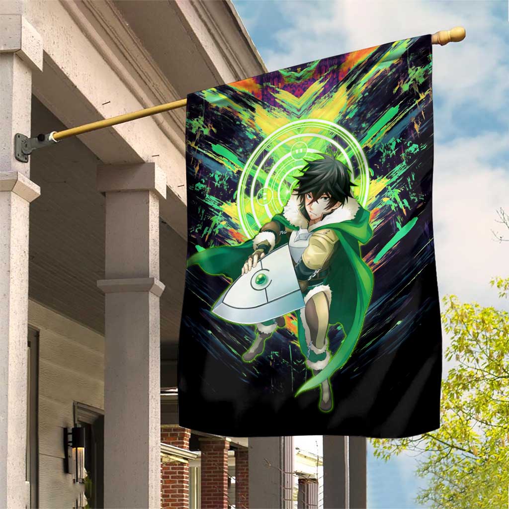 Naofumi The Rising of the Shield Hero Garden Flag with Dynamic Combat Pose and Energy Circles - The Mazicc