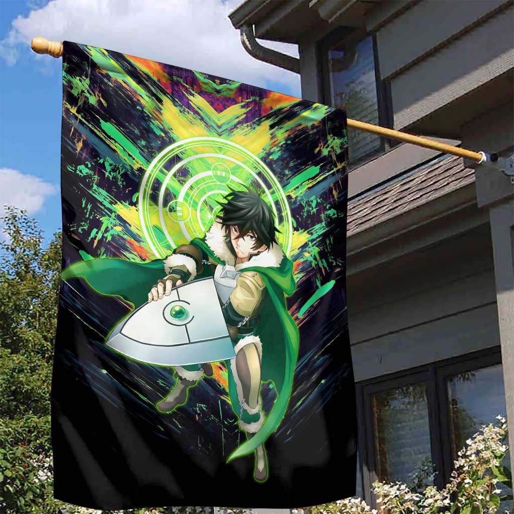 Naofumi The Rising of the Shield Hero Garden Flag with Dynamic Combat Pose and Energy Circles - The Mazicc
