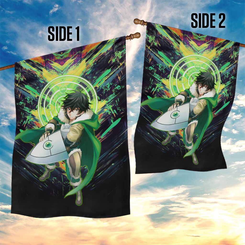 Naofumi The Rising of the Shield Hero Garden Flag with Dynamic Combat Pose and Energy Circles - The Mazicc