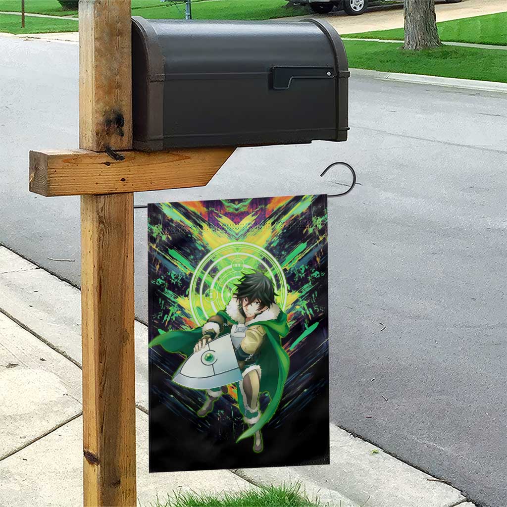 Naofumi The Rising of the Shield Hero Garden Flag with Dynamic Combat Pose and Energy Circles - The Mazicc