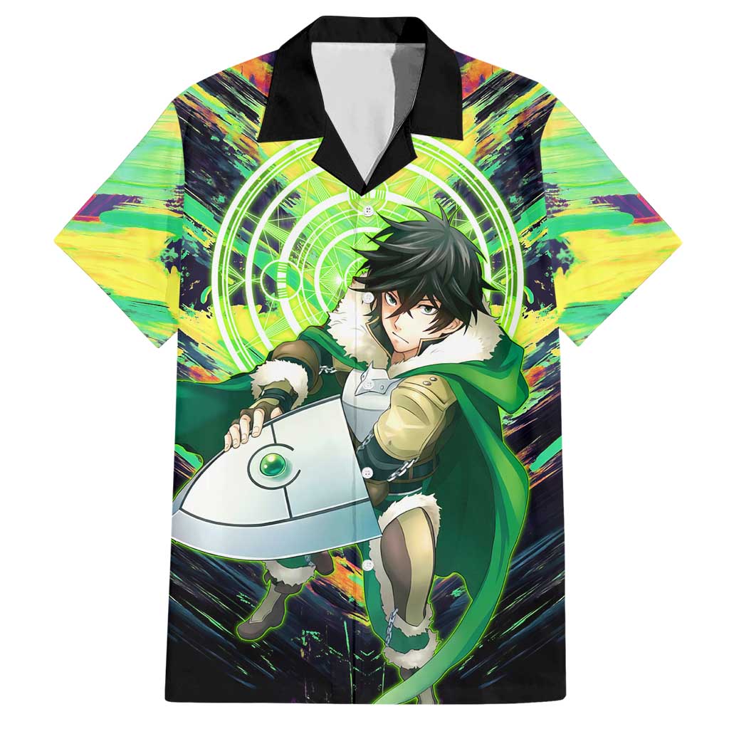 Naofumi The Rising of the Shield Hero Hawaiian Shirt with Dynamic Combat Pose and Energy Circles - The Mazicc