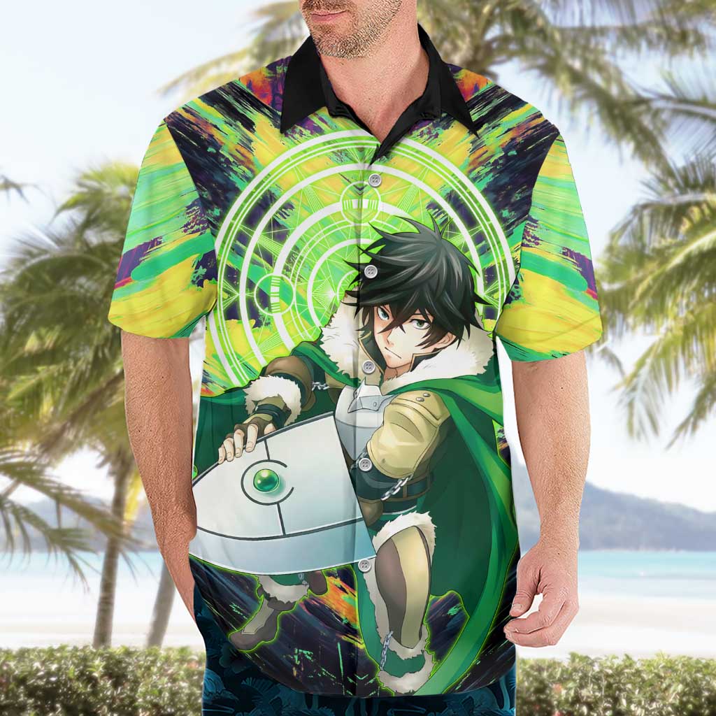 Naofumi The Rising of the Shield Hero Hawaiian Shirt with Dynamic Combat Pose and Energy Circles - The Mazicc