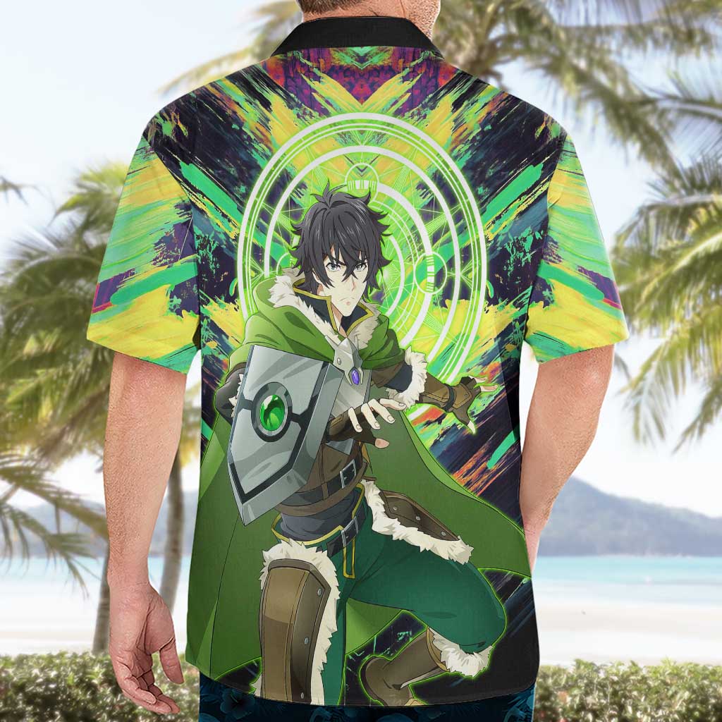 Naofumi The Rising of the Shield Hero Hawaiian Shirt with Dynamic Combat Pose and Energy Circles - The Mazicc