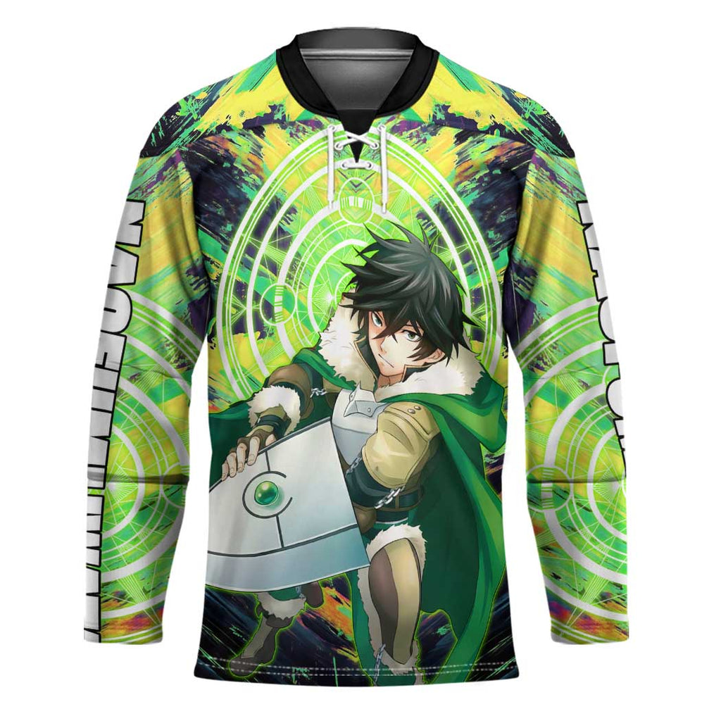 Naofumi The Rising of the Shield Hero Hockey Jersey with Dynamic Combat Pose and Energy Circles - The Mazicc