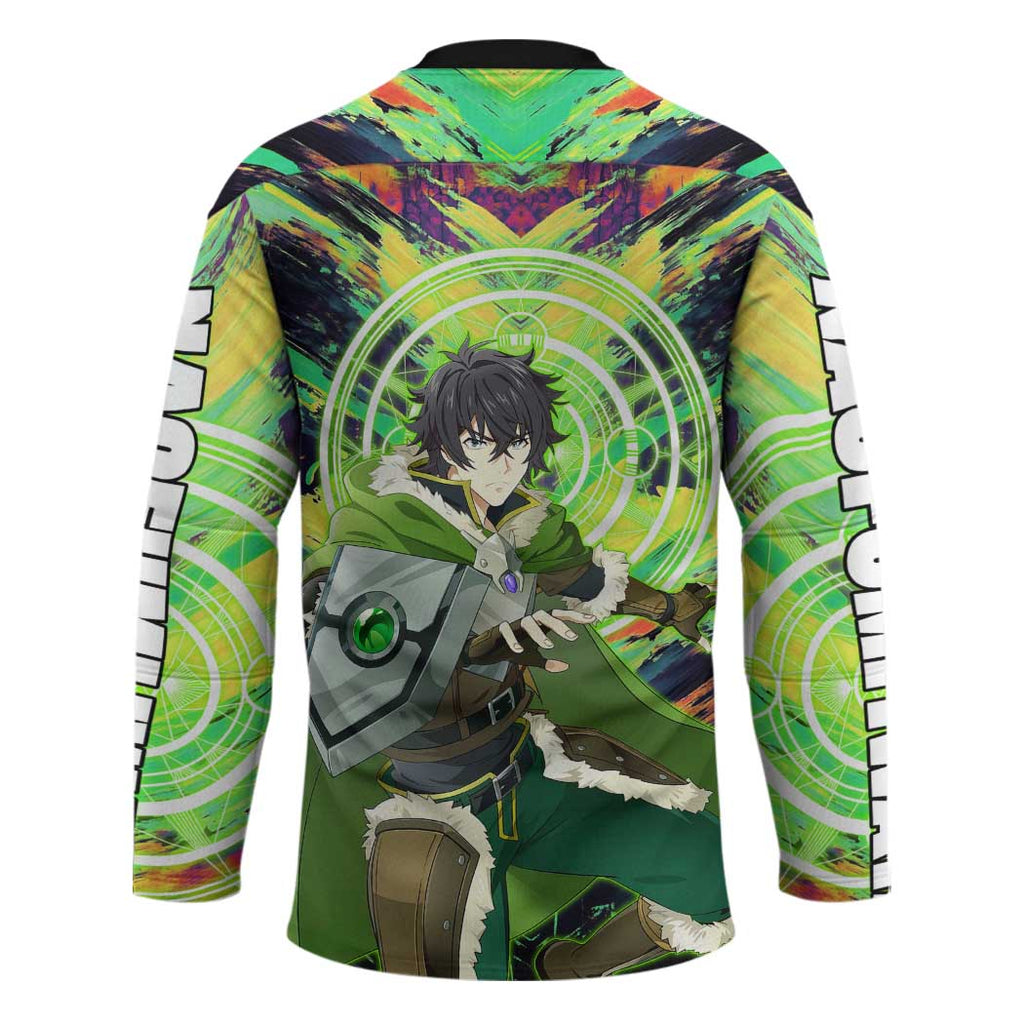 Naofumi The Rising of the Shield Hero Hockey Jersey with Dynamic Combat Pose and Energy Circles - The Mazicc