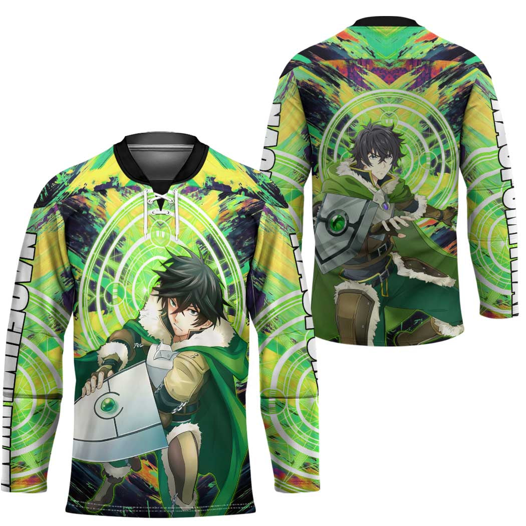 Naofumi The Rising of the Shield Hero Hockey Jersey with Dynamic Combat Pose and Energy Circles - The Mazicc