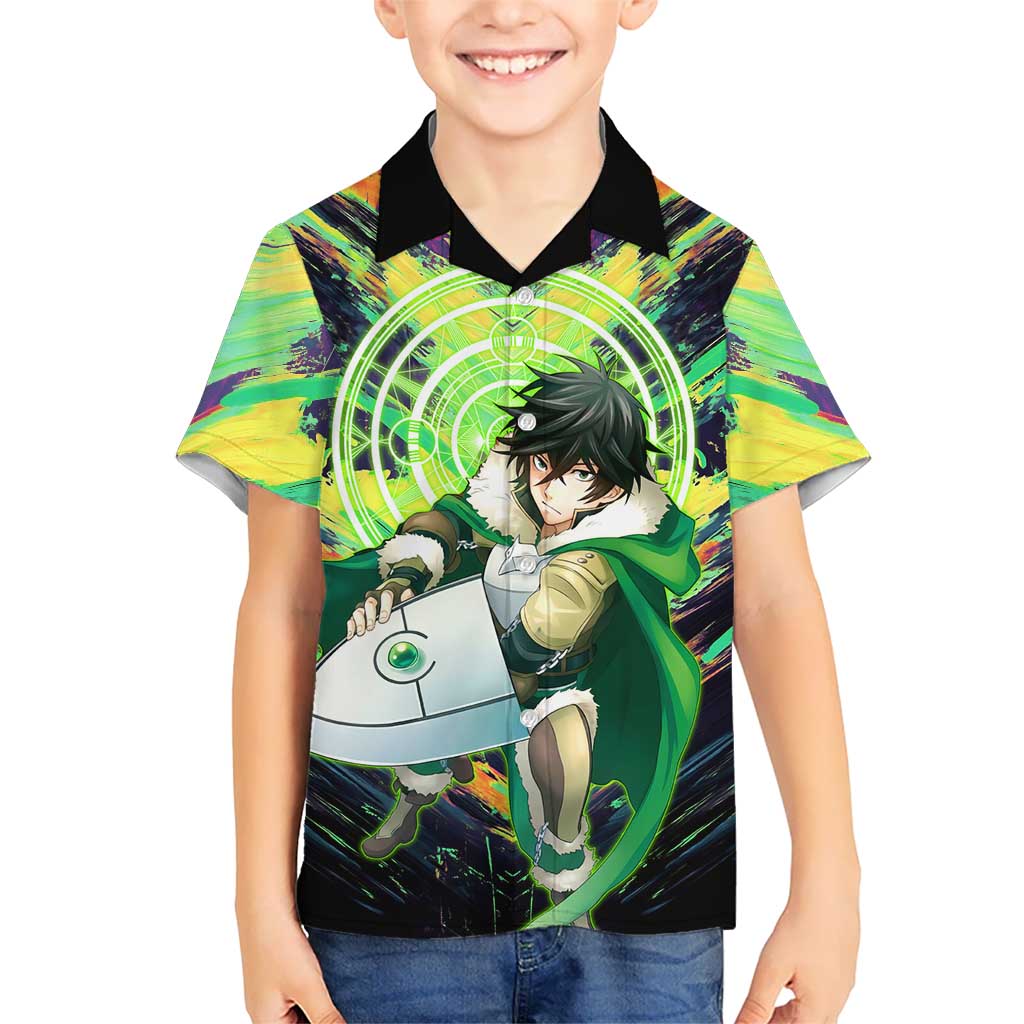 Naofumi The Rising of the Shield Hero Kid Hawaiian Shirt with Dynamic Combat Pose and Energy Circles - The Mazicc