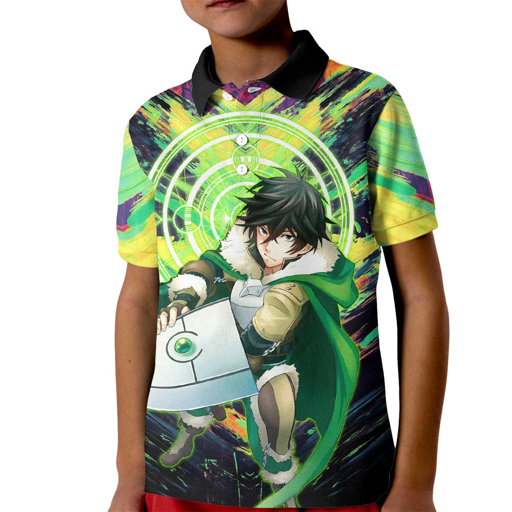 Naofumi The Rising of the Shield Hero Kid Polo Shirt with Dynamic Combat Pose and Energy Circles - The Mazicc