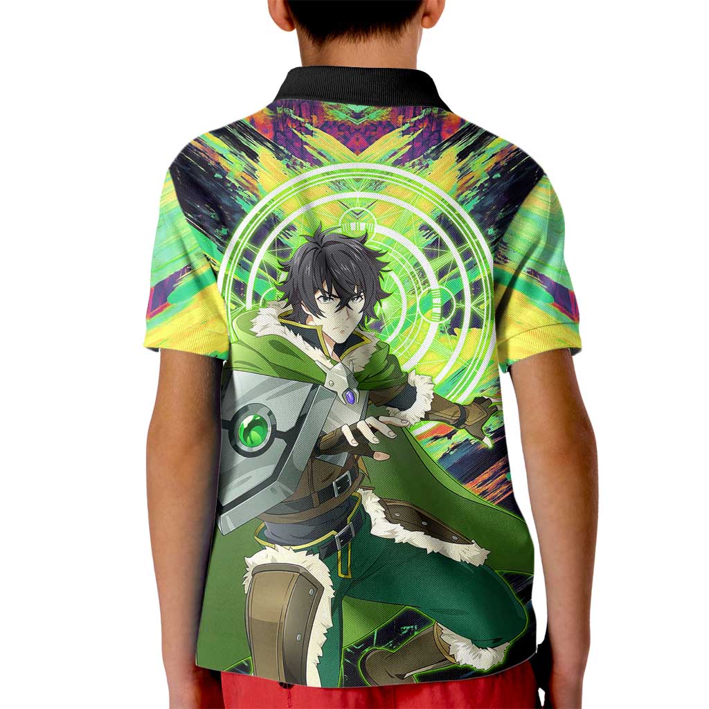 Naofumi The Rising of the Shield Hero Kid Polo Shirt with Dynamic Combat Pose and Energy Circles - The Mazicc