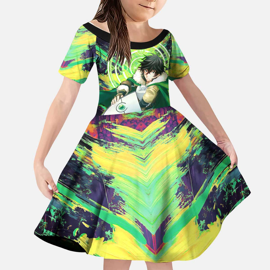 Naofumi The Rising of the Shield Hero Kid Short Sleeve Dress with Dynamic Combat Pose and Energy Circles - The Mazicc