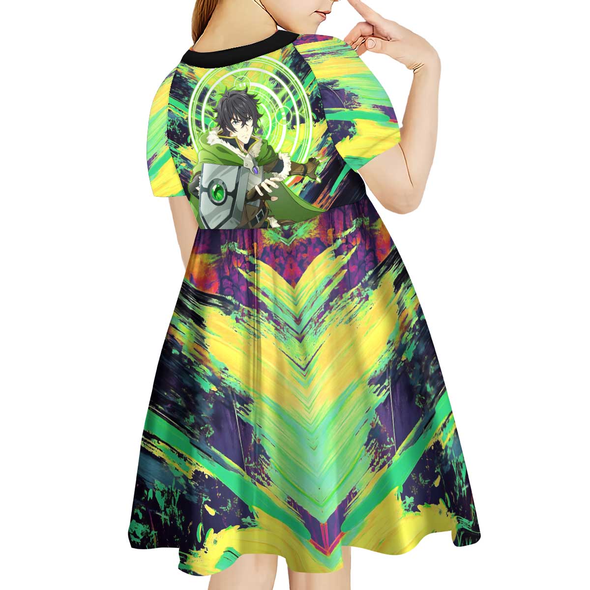 Naofumi The Rising of the Shield Hero Kid Short Sleeve Dress with Dynamic Combat Pose and Energy Circles - The Mazicc