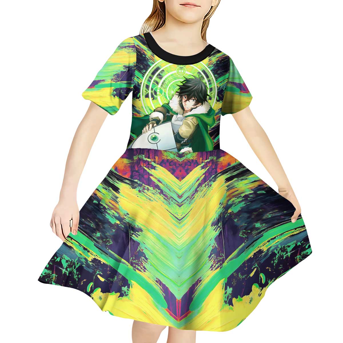 Naofumi The Rising of the Shield Hero Kid Short Sleeve Dress with Dynamic Combat Pose and Energy Circles - The Mazicc