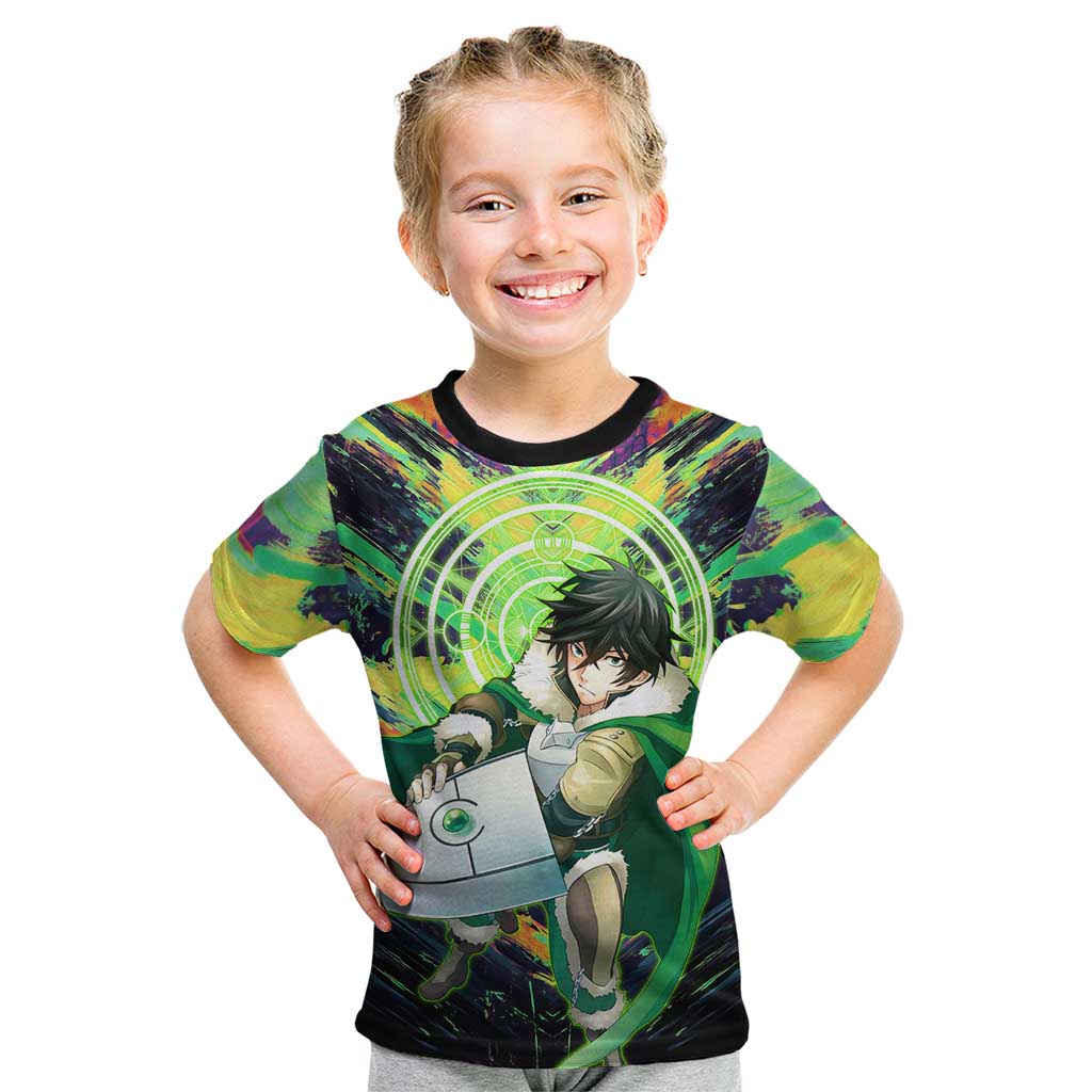 Naofumi The Rising of the Shield Hero Kid T Shirt with Dynamic Combat Pose and Energy Circles - The Mazicc