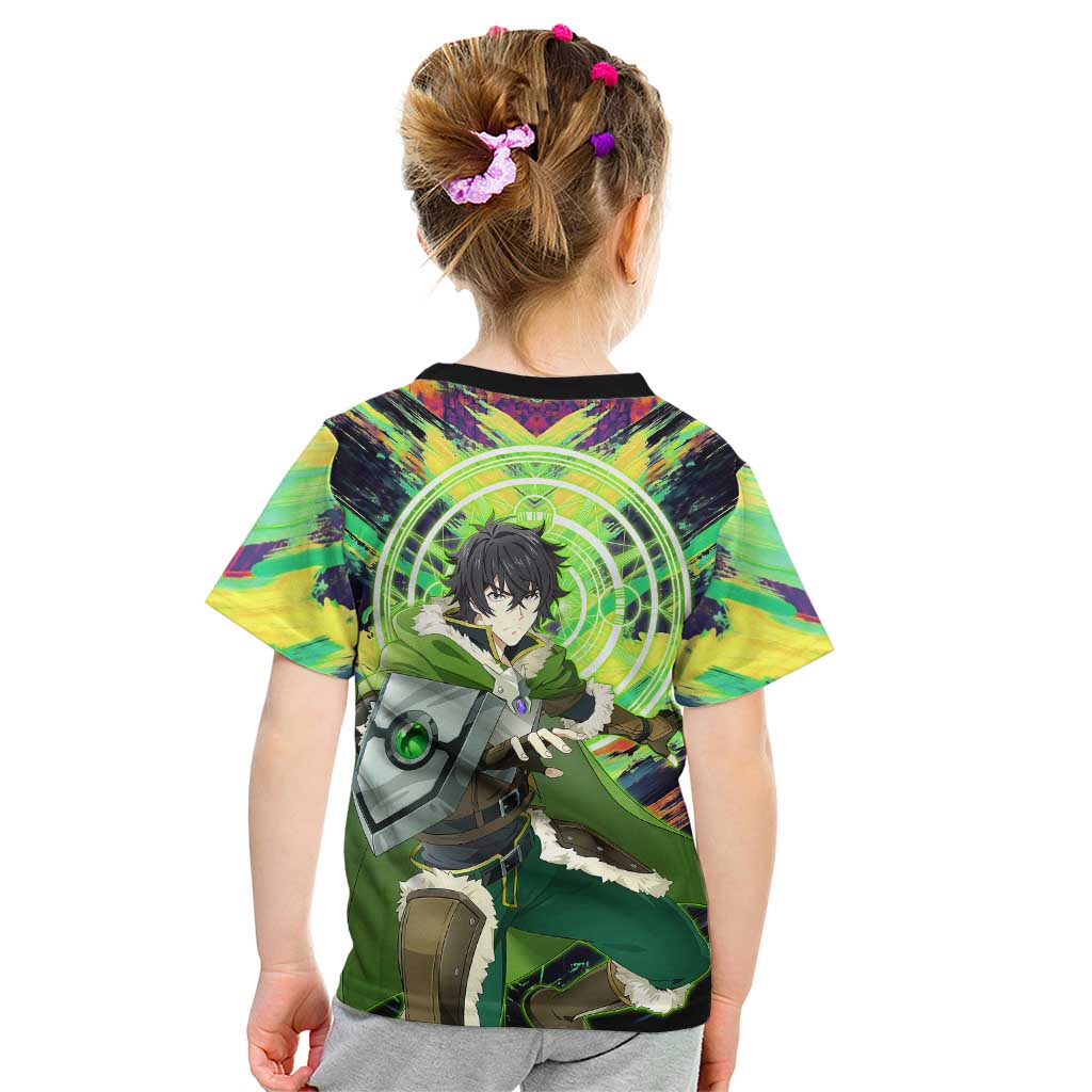 Naofumi The Rising of the Shield Hero Kid T Shirt with Dynamic Combat Pose and Energy Circles - The Mazicc