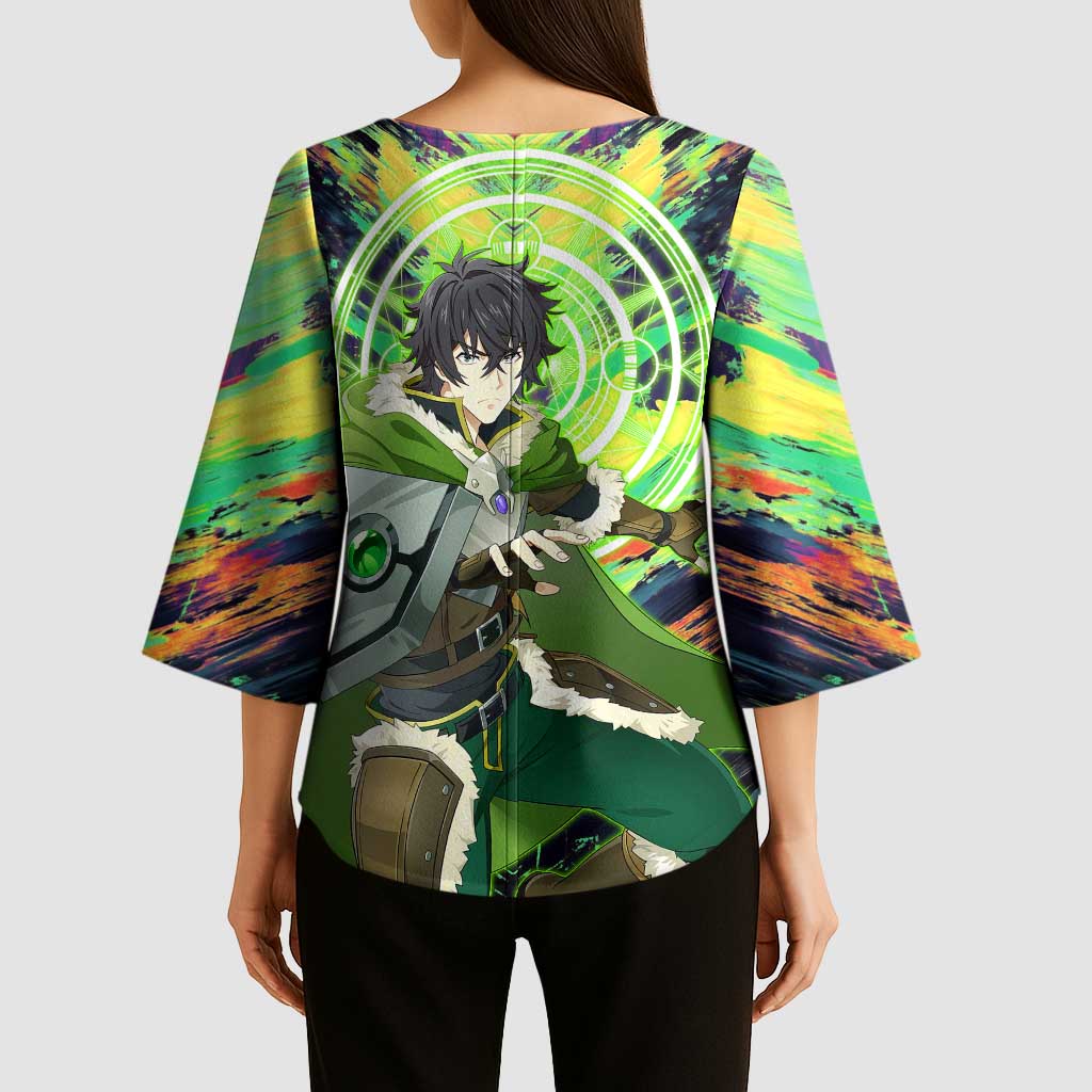 Naofumi The Rising of the Shield Hero Kimono Sleeve Blouse with Dynamic Combat Pose and Energy Circles - The Mazicc