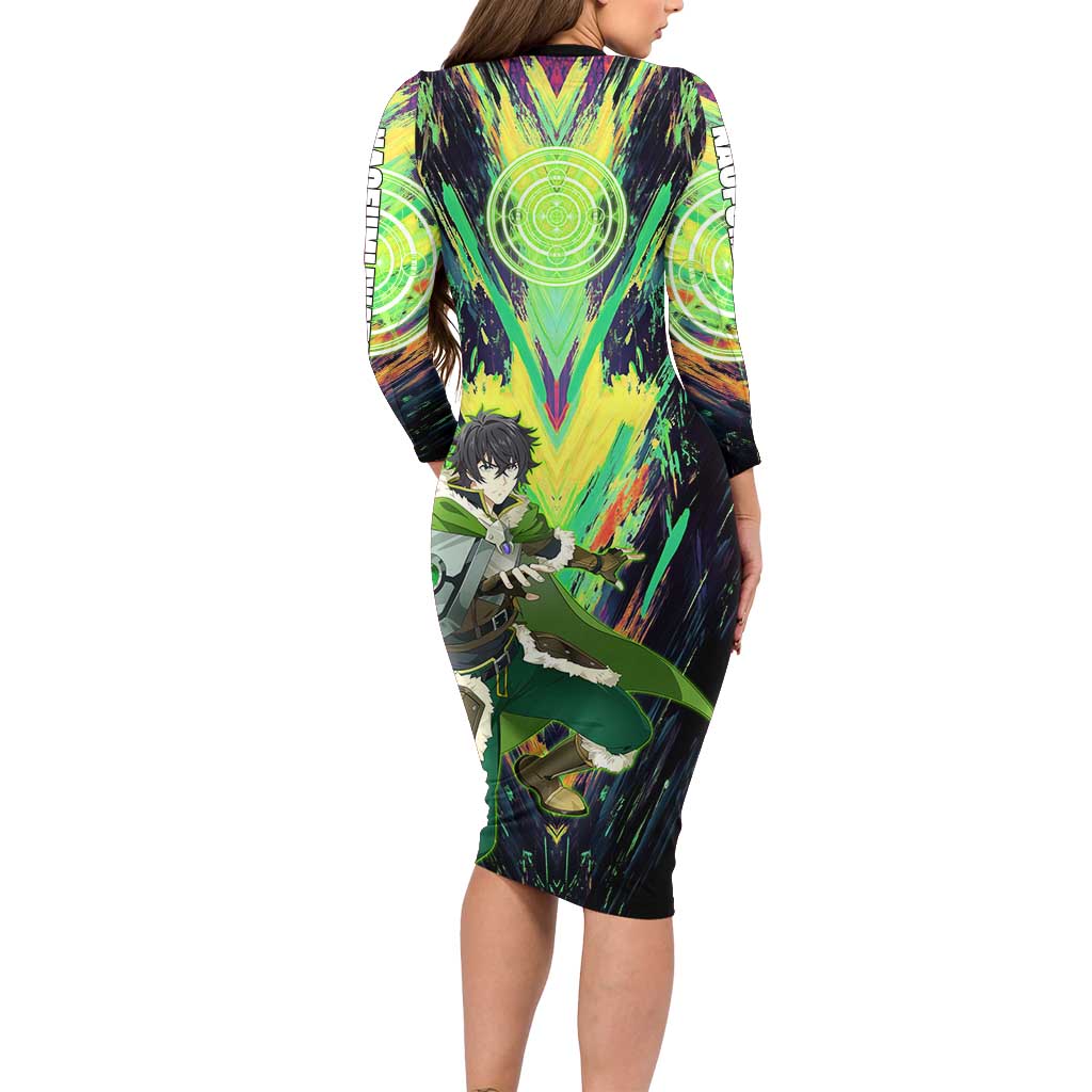 Naofumi The Rising of the Shield Hero Long Sleeve Bodycon Dress with Dynamic Combat Pose and Energy Circles - The Mazicc