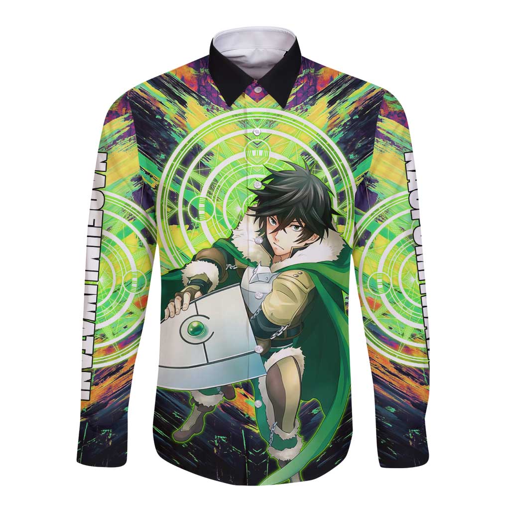 Naofumi The Rising of the Shield Hero Long Sleeve Button Shirt with Dynamic Combat Pose and Energy Circles - The Mazicc