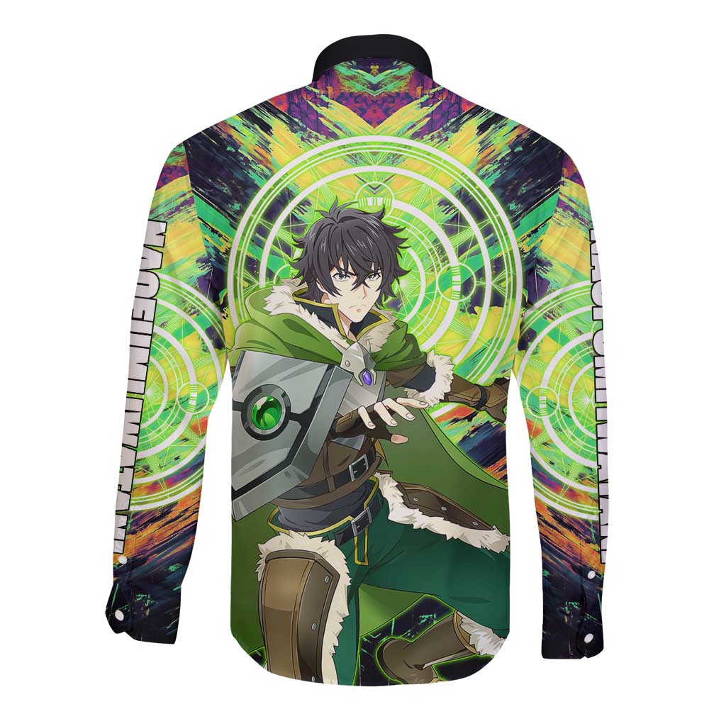 Naofumi The Rising of the Shield Hero Long Sleeve Button Shirt with Dynamic Combat Pose and Energy Circles - The Mazicc