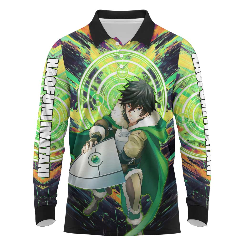 Naofumi The Rising of the Shield Hero Long Sleeve Polo Shirt with Dynamic Combat Pose and Energy Circles - The Mazicc