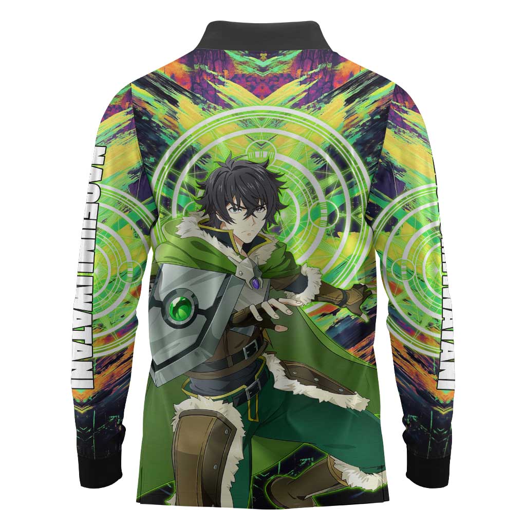 Naofumi The Rising of the Shield Hero Long Sleeve Polo Shirt with Dynamic Combat Pose and Energy Circles - The Mazicc