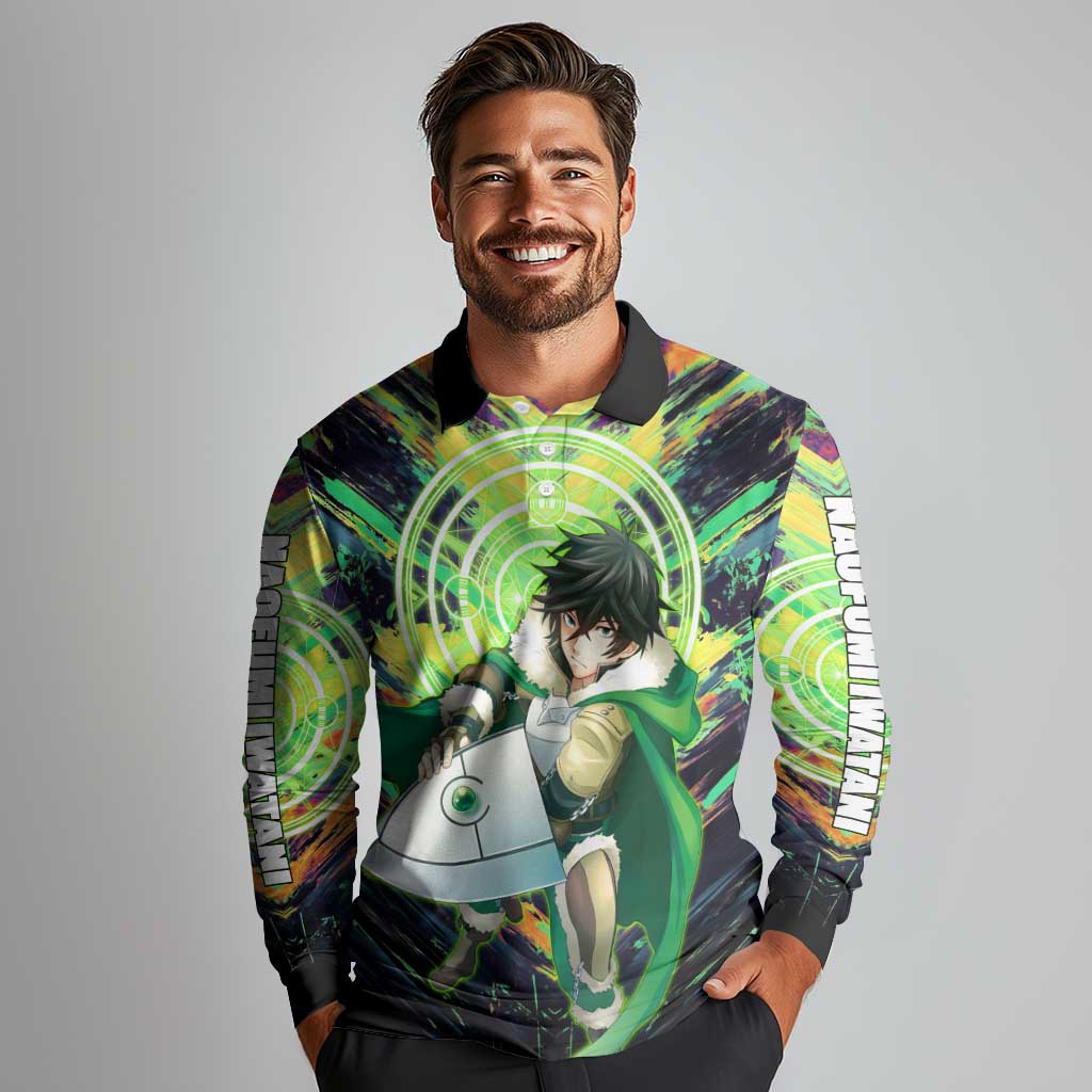Naofumi The Rising of the Shield Hero Long Sleeve Polo Shirt with Dynamic Combat Pose and Energy Circles - The Mazicc