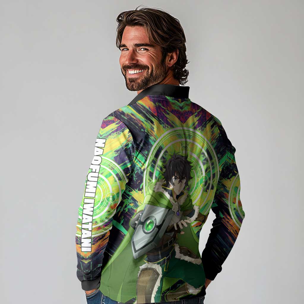 Naofumi The Rising of the Shield Hero Long Sleeve Polo Shirt with Dynamic Combat Pose and Energy Circles - The Mazicc