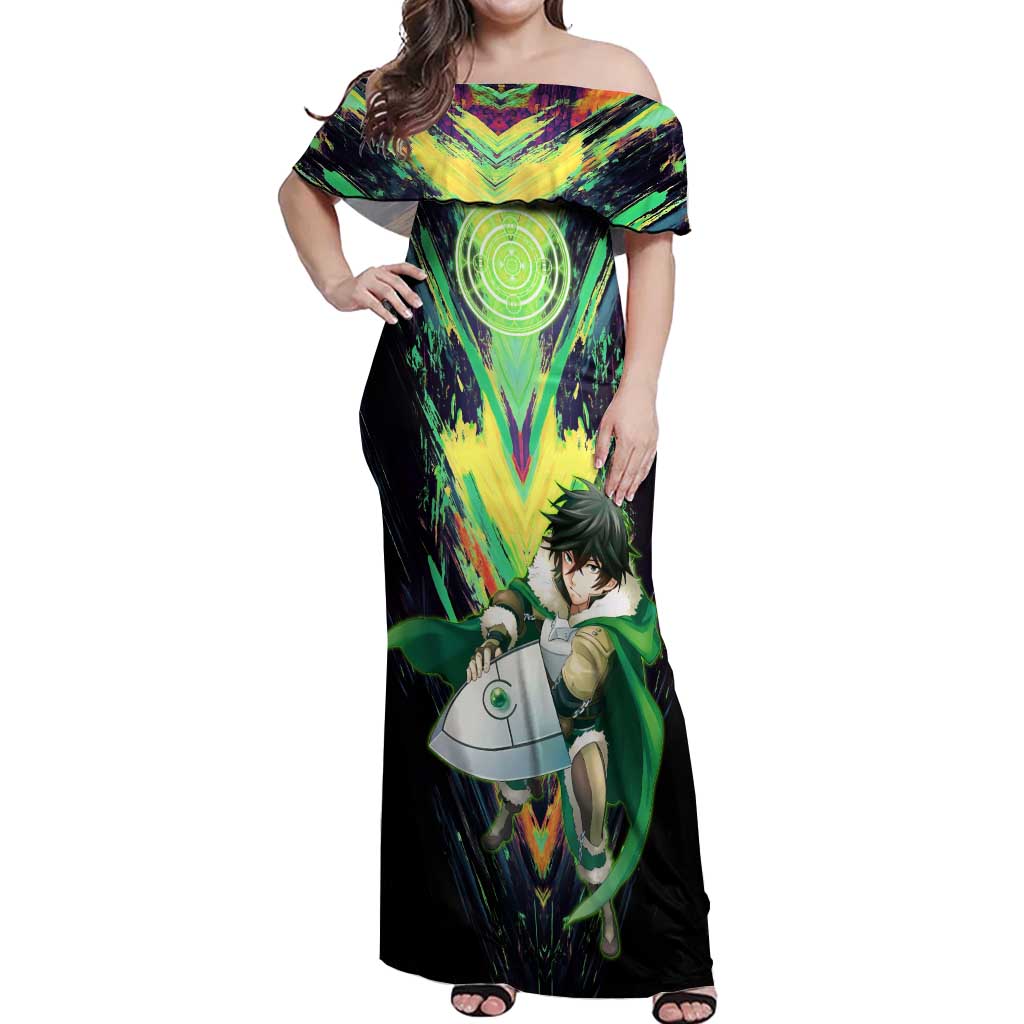 Naofumi The Rising of the Shield Hero Off Shoulder Maxi Dress with Dynamic Combat Pose and Energy Circles - The Mazicc