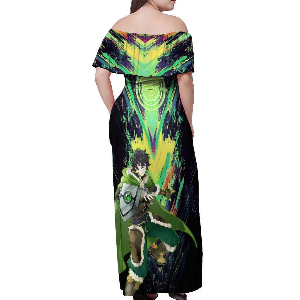 Naofumi The Rising of the Shield Hero Off Shoulder Maxi Dress with Dynamic Combat Pose and Energy Circles - The Mazicc