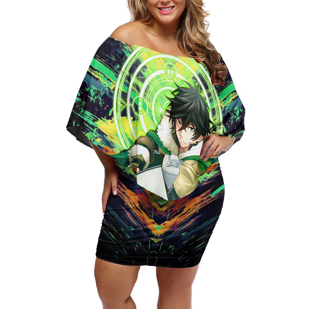 Naofumi The Rising of the Shield Hero Off Shoulder Short Dress with Dynamic Combat Pose and Energy Circles - The Mazicc