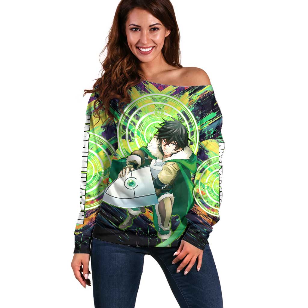Naofumi The Rising of the Shield Hero Off Shoulder Sweater with Dynamic Combat Pose and Energy Circles - The Mazicc