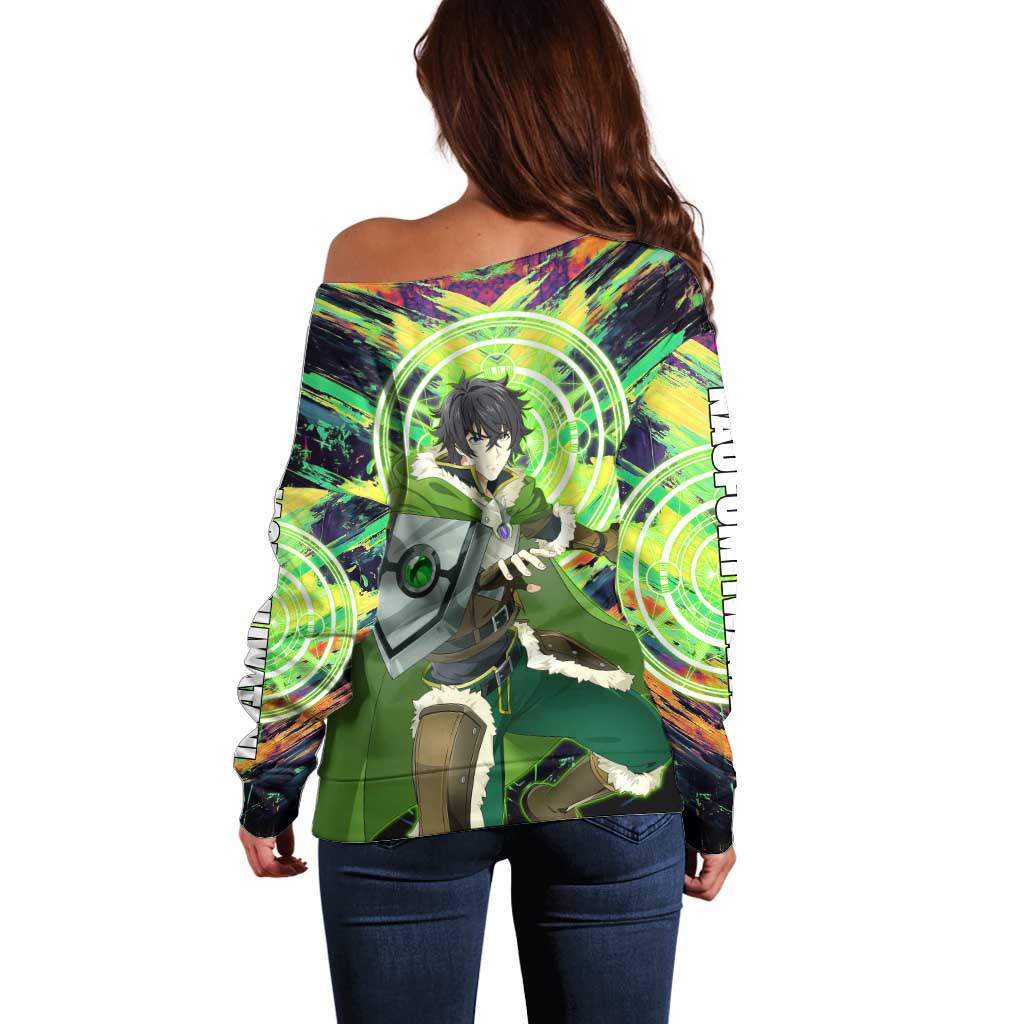Naofumi The Rising of the Shield Hero Off Shoulder Sweater with Dynamic Combat Pose and Energy Circles - The Mazicc