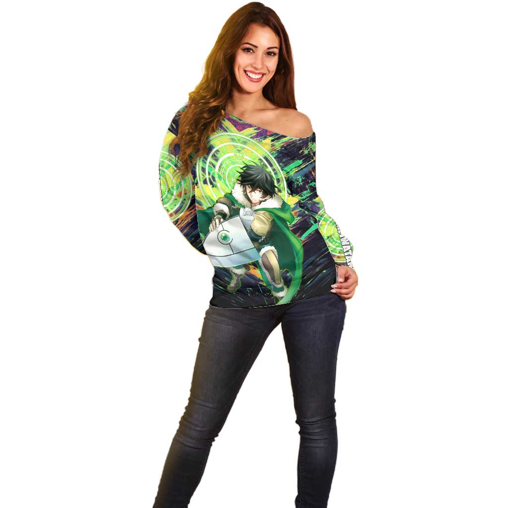 Naofumi The Rising of the Shield Hero Off Shoulder Sweater with Dynamic Combat Pose and Energy Circles - The Mazicc