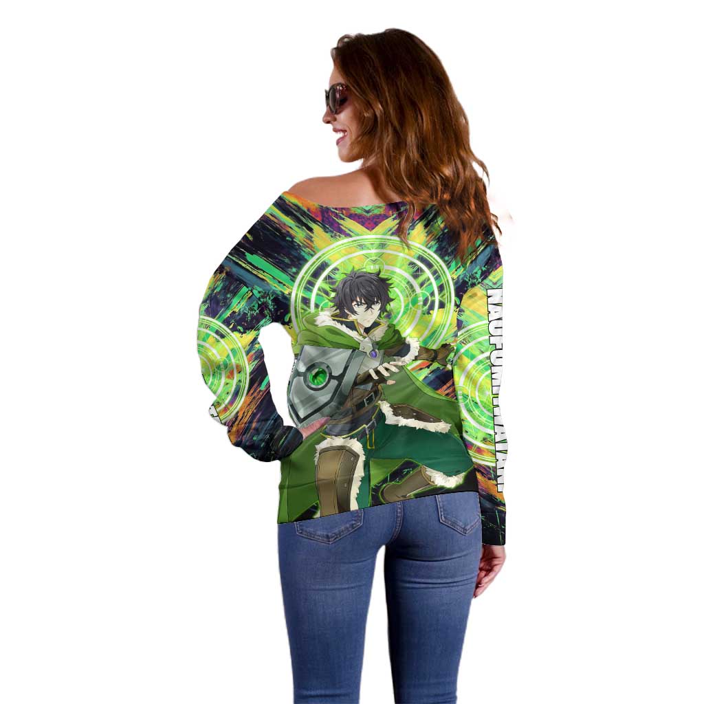 Naofumi The Rising of the Shield Hero Off Shoulder Sweater with Dynamic Combat Pose and Energy Circles - The Mazicc