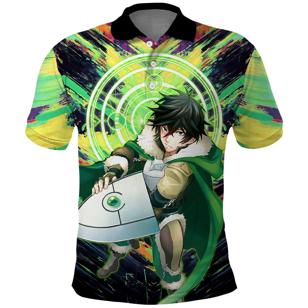 Naofumi The Rising of the Shield Hero Polo Shirt with Dynamic Combat Pose and Energy Circles - The Mazicc