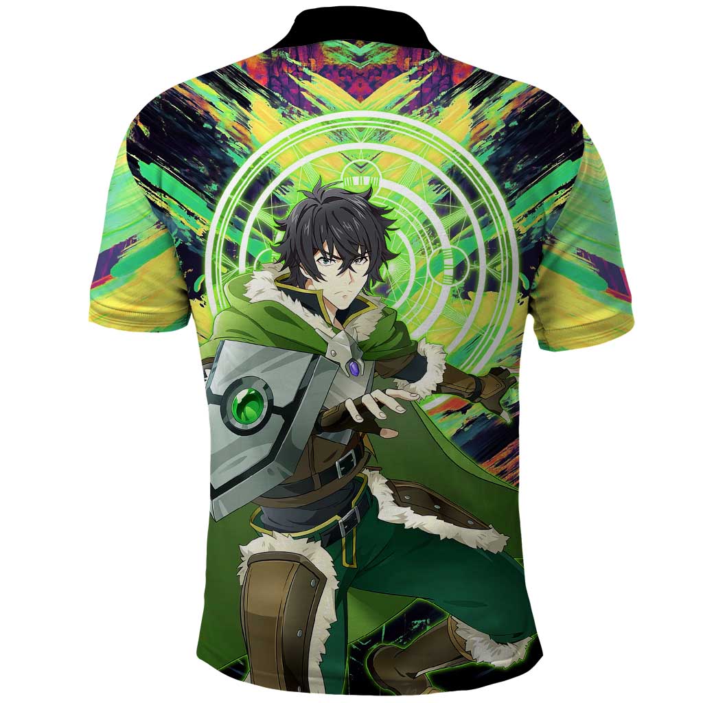 Naofumi The Rising of the Shield Hero Polo Shirt with Dynamic Combat Pose and Energy Circles - The Mazicc