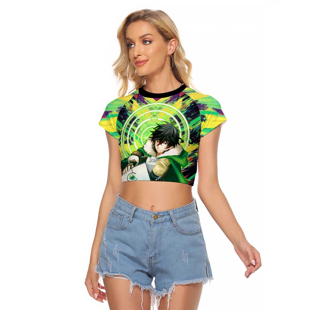 Naofumi The Rising of the Shield Hero Raglan Cropped T Shirt with Dynamic Combat Pose and Energy Circles - The Mazicc