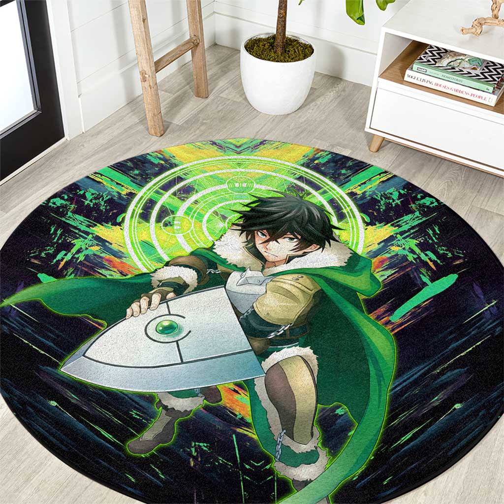 Naofumi The Rising of the Shield Hero Round Carpet with Dynamic Combat Pose and Energy Circles - The Mazicc