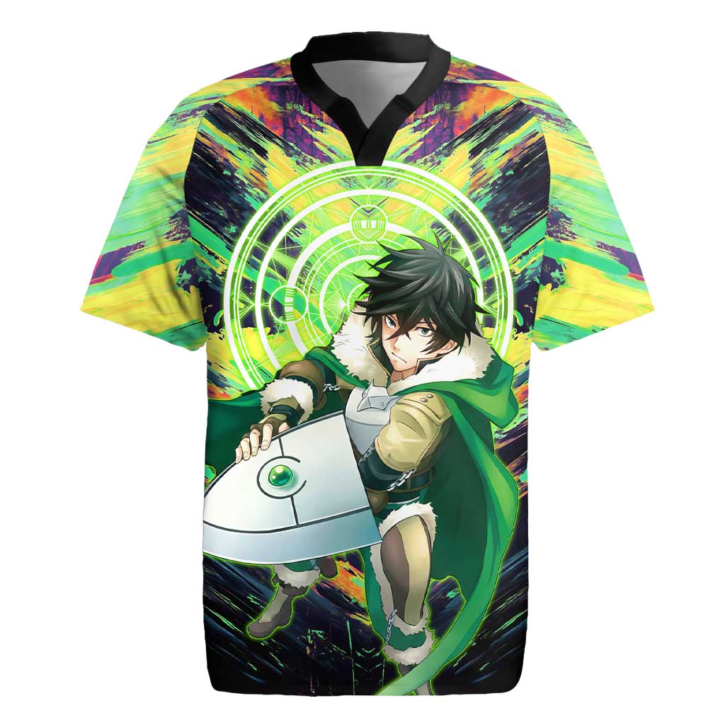 Naofumi The Rising of the Shield Hero Rugby Jersey with Dynamic Combat Pose and Energy Circles - The Mazicc