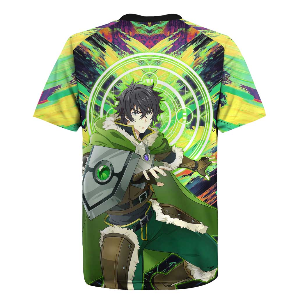 Naofumi The Rising of the Shield Hero Rugby Jersey with Dynamic Combat Pose and Energy Circles - The Mazicc