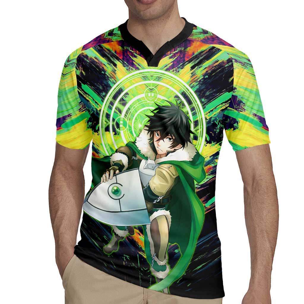 Naofumi The Rising of the Shield Hero Rugby Jersey with Dynamic Combat Pose and Energy Circles - The Mazicc