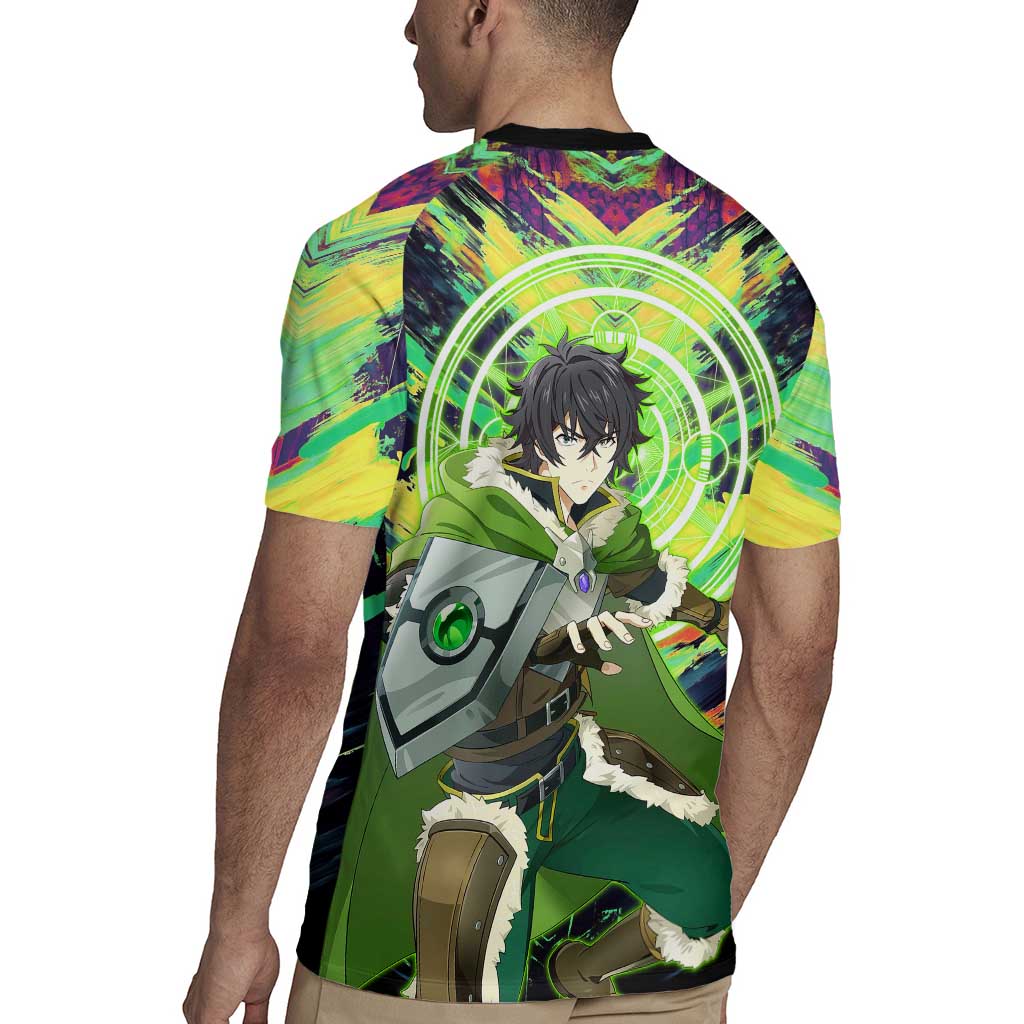 Naofumi The Rising of the Shield Hero Rugby Jersey with Dynamic Combat Pose and Energy Circles - The Mazicc