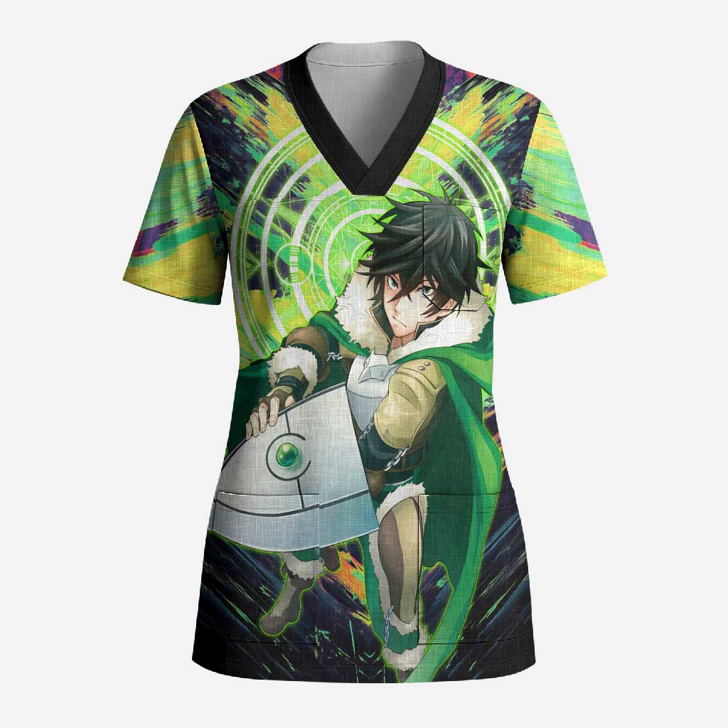 Naofumi The Rising of the Shield Hero Scrub Top with Dynamic Combat Pose and Energy Circles - The Mazicc