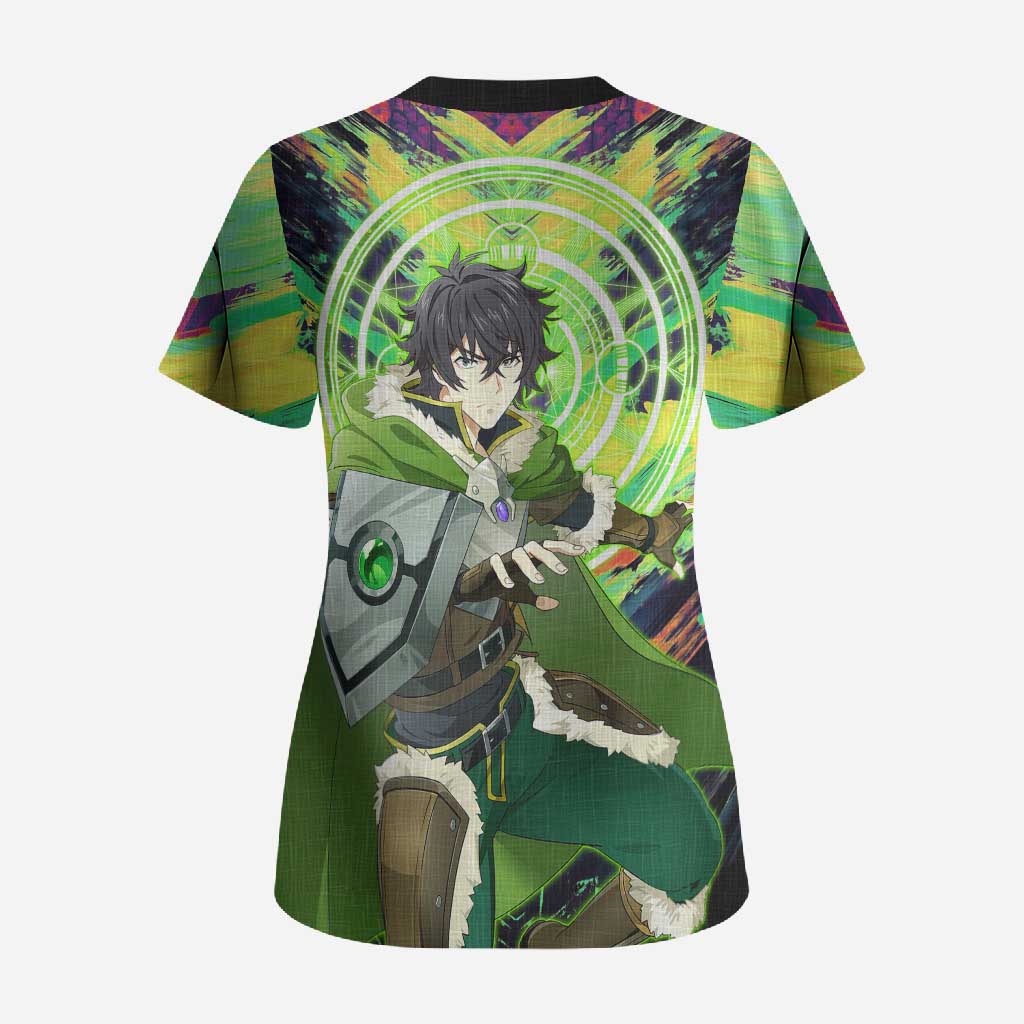 Naofumi The Rising of the Shield Hero Scrub Top with Dynamic Combat Pose and Energy Circles - The Mazicc