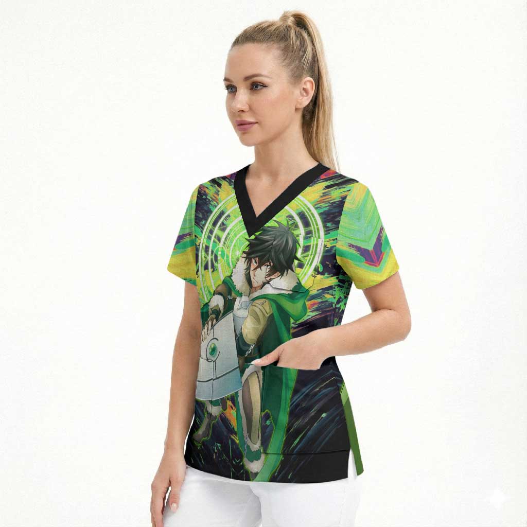 Naofumi The Rising of the Shield Hero Scrub Top with Dynamic Combat Pose and Energy Circles - The Mazicc