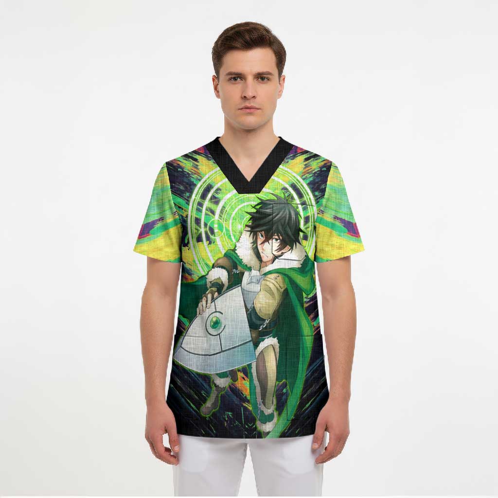 Naofumi The Rising of the Shield Hero Scrub Top with Dynamic Combat Pose and Energy Circles - The Mazicc