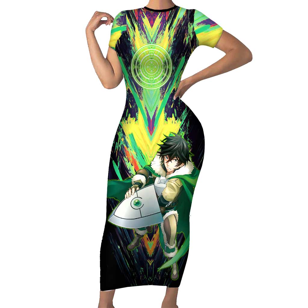 Naofumi The Rising of the Shield Hero Short Sleeve Bodycon Dress with Dynamic Combat Pose and Energy Circles - The Mazicc