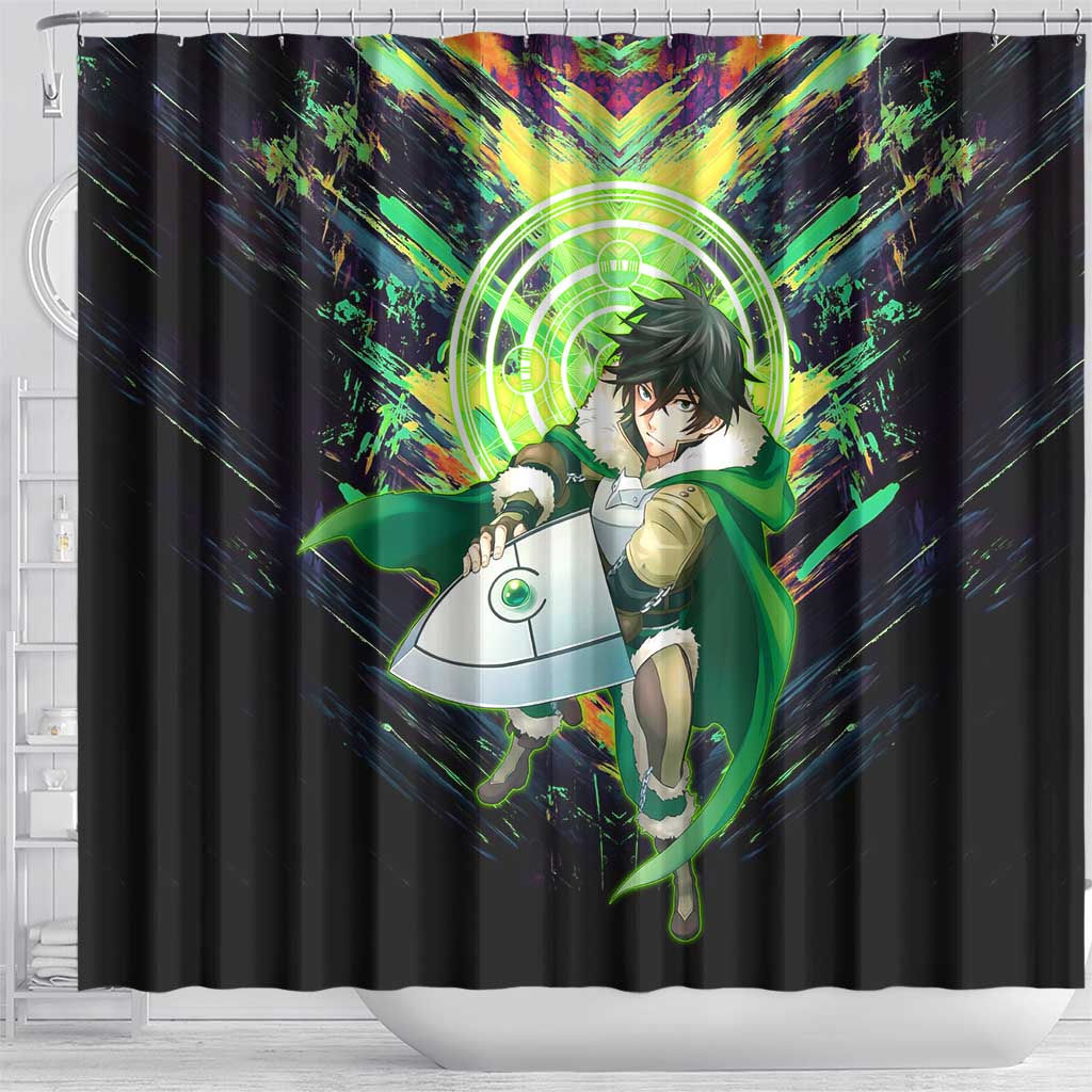 Naofumi The Rising of the Shield Hero Shower Curtain with Dynamic Combat Pose and Energy Circles - The Mazicc