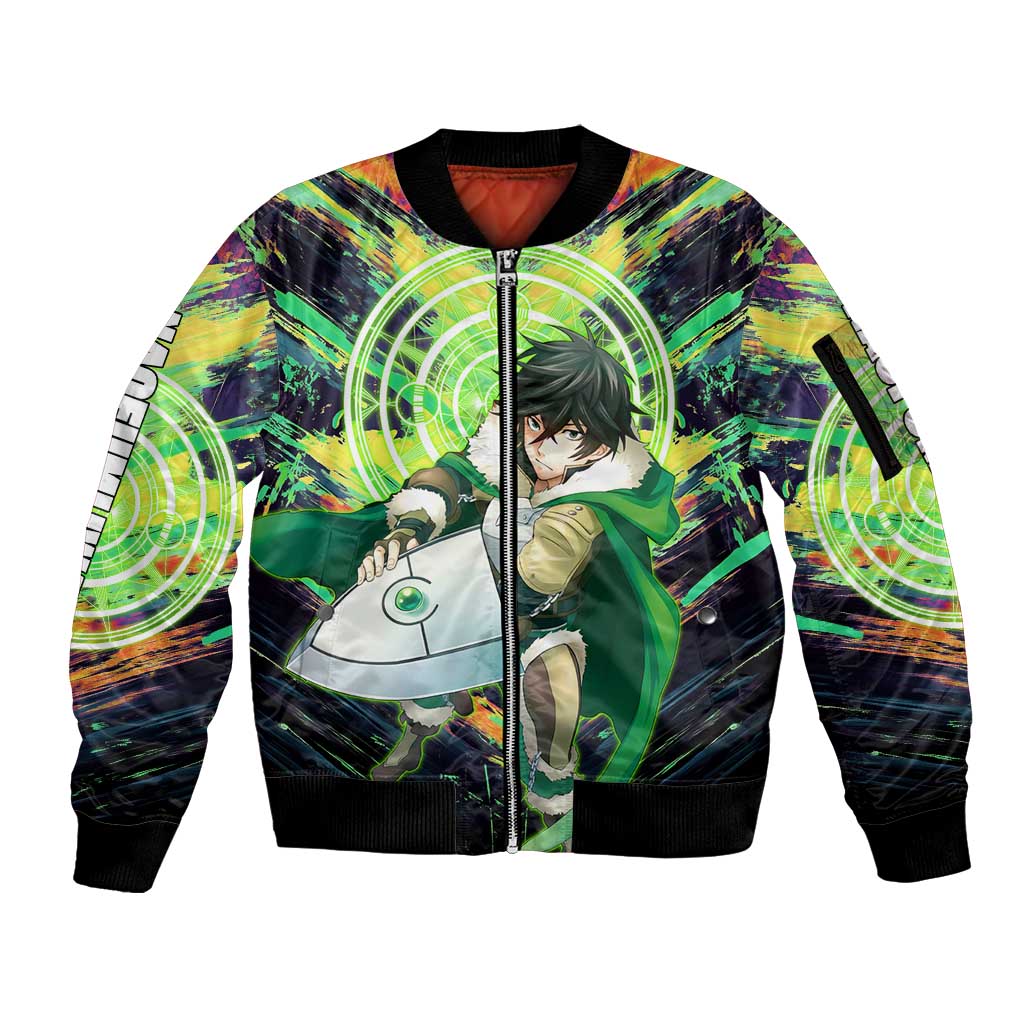 Naofumi The Rising of the Shield Hero Sleeve Zip Bomber Jacket with Dynamic Combat Pose and Energy Circles - The Mazicc